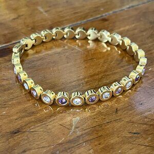 Rustic Cuff Gold Tone Angeline Tennis Bracelet W/ Amethyst Shades of Crystals 7"